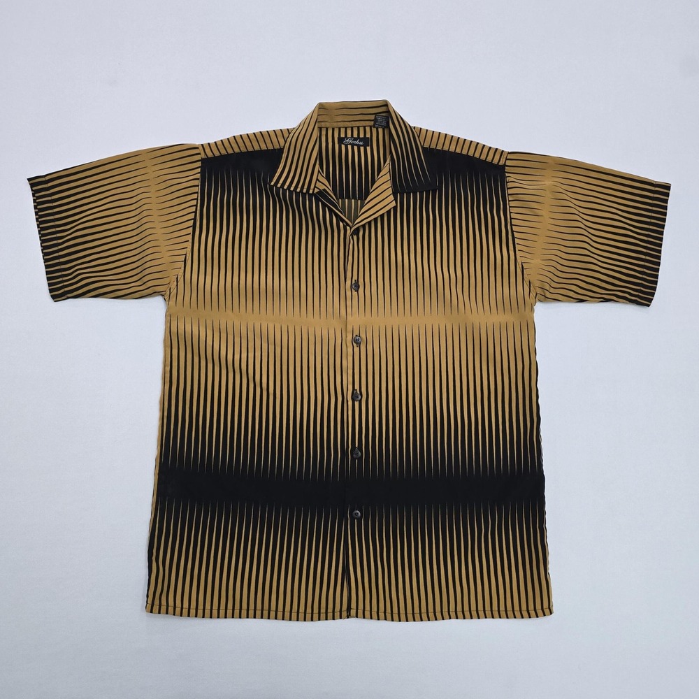 Gochu Mens Gold Black Geometric Stripe Short Sleeve Button Down Shirt Size M
